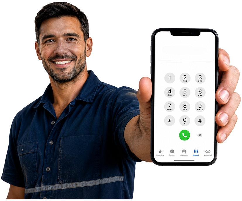 Parramatta Blocked Drains plumber holding a phone — call 1300 261 965