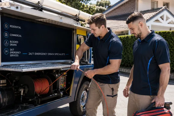 Plumbers clearing a blocked drain in Parramatta