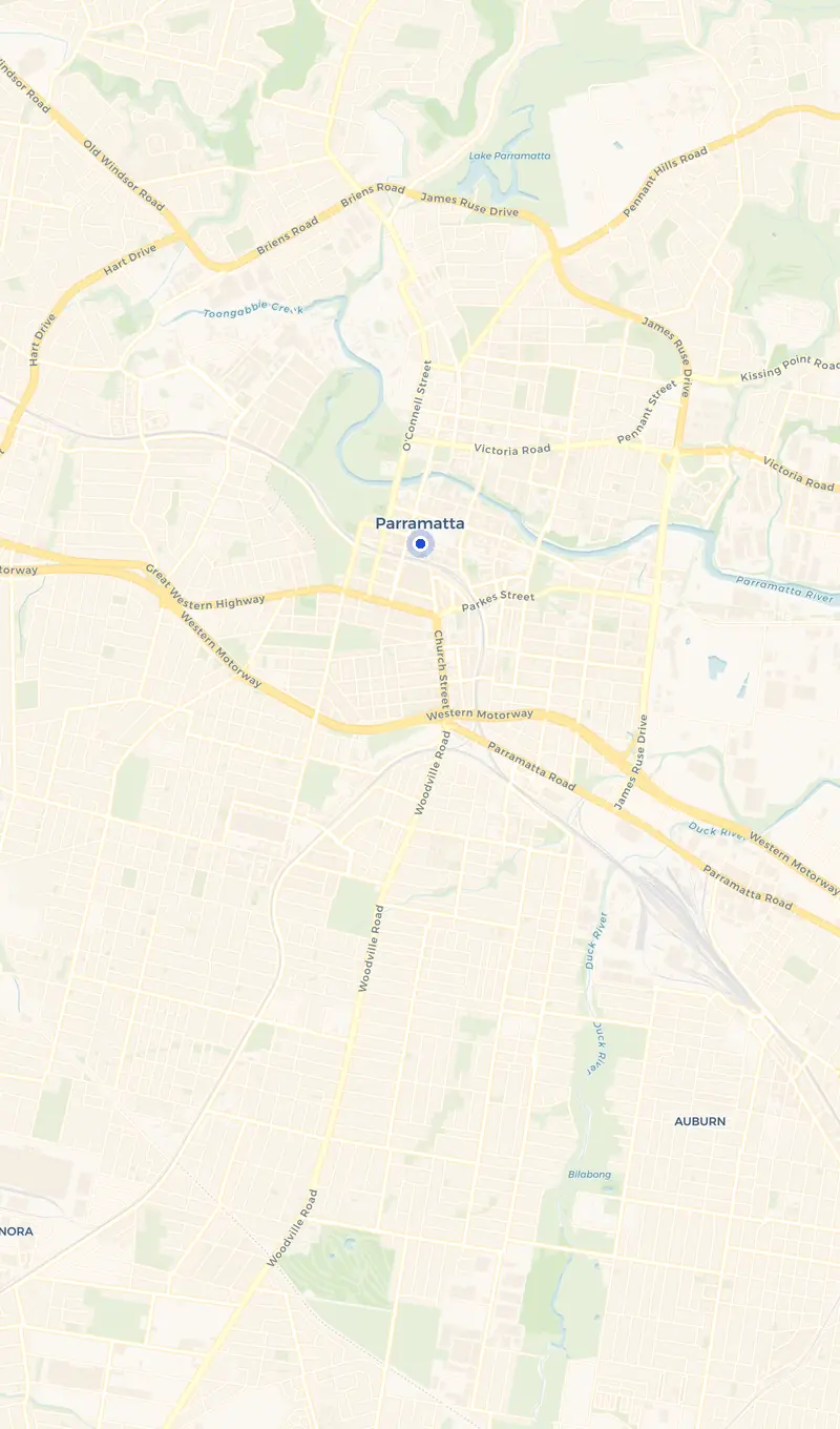Map of the Parramatta service area and the surrounding suburbs we cover.