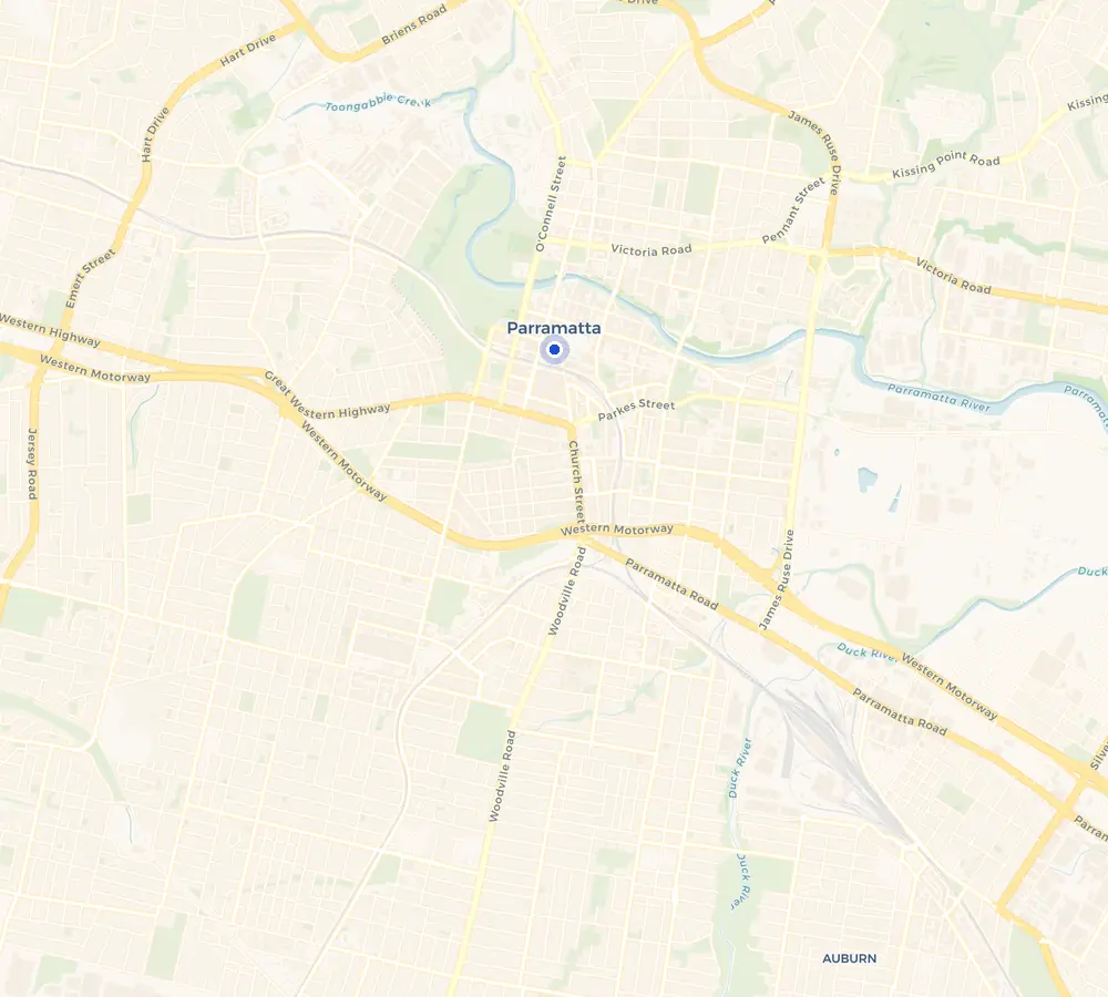 Map of the Parramatta service area and the surrounding Western Sydney, showing Parramatta and the nearby streets we cover.
