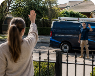 Customer waving goodbye to a Parramatta Blocked Drains plumber